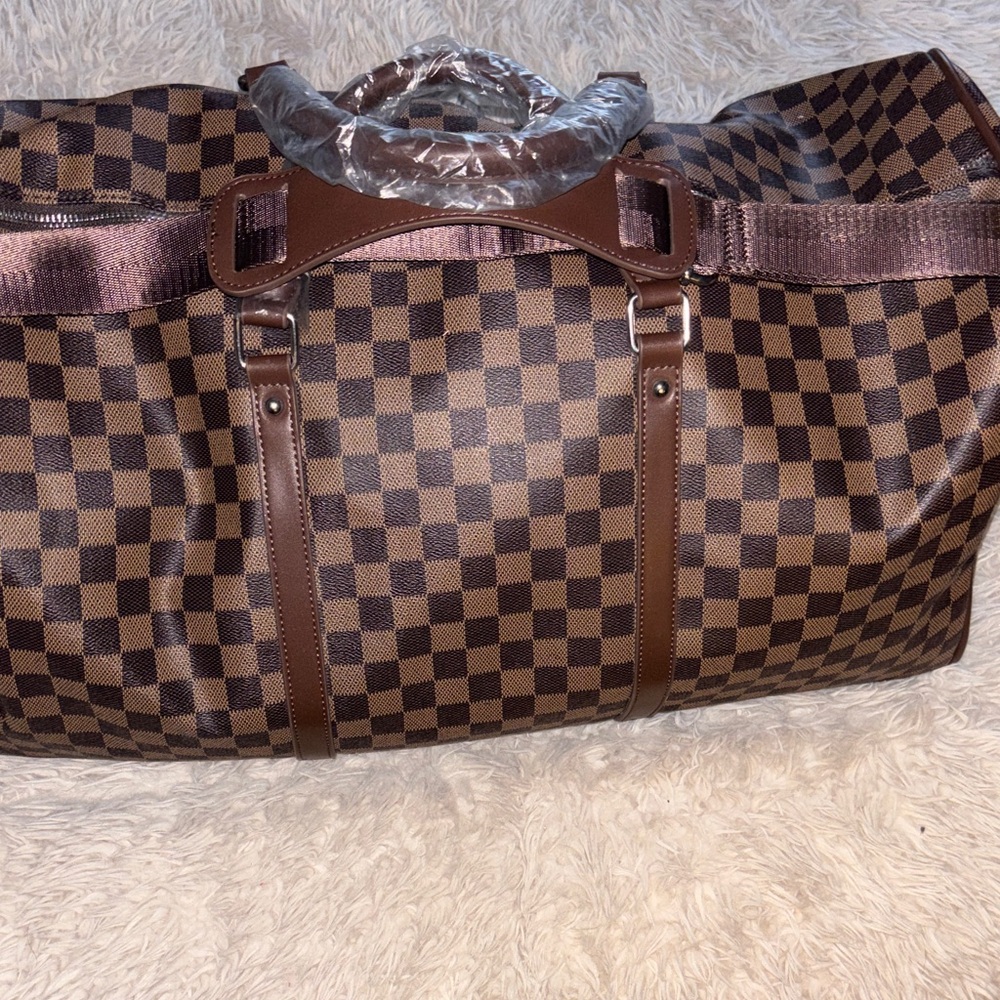 Classic Brown Checkered Duffel Bag
